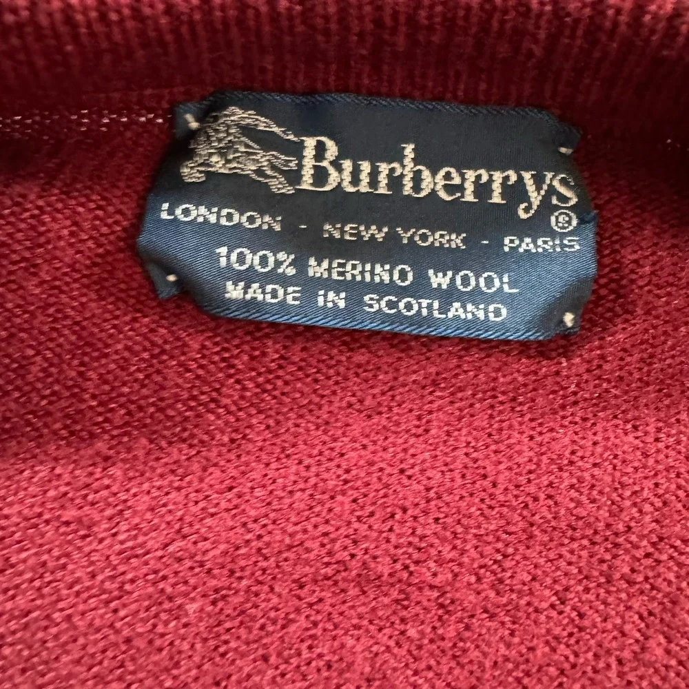 Vintage Burberrys Sweater‎ Mens XL Red Merino Wool V-Neck Academia 80s Scotland